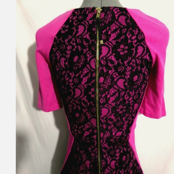 JUICY COUTURE Stretch knit Tulip retro Dress sz 0 Hot Pink Black Lace scoop neck - Picture 8 of 9